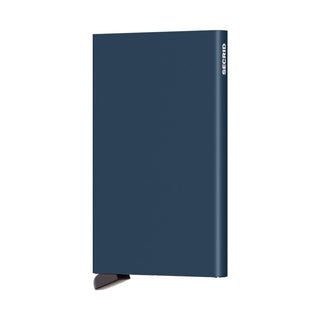 Secrid Cardprotector in matte navy blue aluminium with sleek stainless steel edge and logo on side