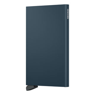 Secrid Cardprotector wallet in matte dark blue anodised aluminium with slim minimalist design and stainless steel mechanism