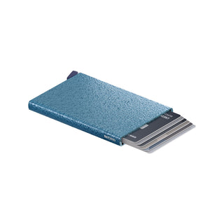 Secrid Cardprotector Hammerstone blue anodised aluminium cardholder with textured finish and cards fanned out