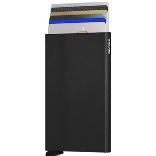 Secrid Cardprotector Powder black anodised aluminium cardholder fanning out multiple cards