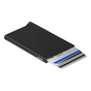 Secrid Cardprotector Powder black anodised aluminium card holder with cards partially extended