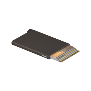 Secrid Cardprotector Powder in dark anodised aluminium showcasing card ejection mechanism with cards partially visible