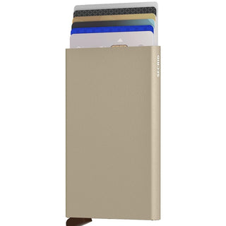 Secrid Cardprotector Powder anodised aluminium cardholder with cards partially extended in neutral beige tone