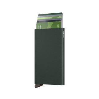 Secrid Cardprotector Powder dark green anodised aluminum cardholder with cards partially extended