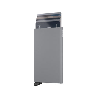 Secrid Cardprotector Powder in anodised aluminum with cards partially ejected showing slim cardholder design