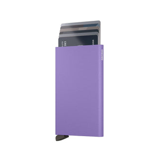 Secrid Cardprotector Powder in anodised aluminium with a smooth purple finish and card ejector open