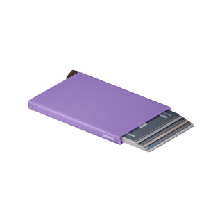 Secrid Cardprotector Powder in anodised purple aluminium with cards fanned out partially visible