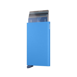 Secrid Cardprotector Powder blue anodised aluminium cardholder with cards partially ejected