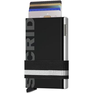 Secrid Cardslide black anodised aluminium cardholder with elastic strap and cards fanned out