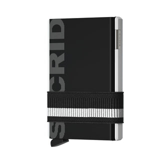 Secrid Cardslide black anodised aluminium wallet with striped elastic band and embossed logo design