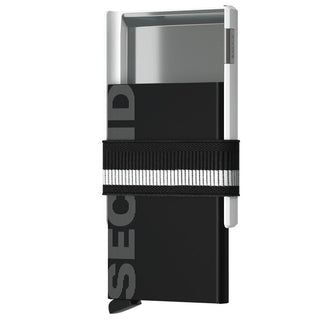 Secrid Cardslide cardholder in black with anodised aluminium and elastic money band closure