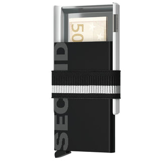 Secrid Cardslide wallet in black anodised aluminium with elastic strap holding banknotes visible