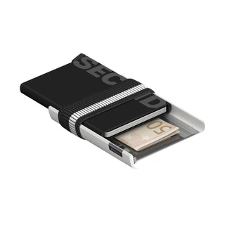 Secrid Cardslide wallet with black leather, aluminum case, elastic strap, and partially open cash compartment