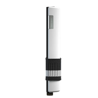 Secrid Cardslide cardholder in white anodised aluminium with black and white elastic strap, slim profile