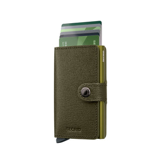 Secrid Miniwallet Crisple in textured olive leather with cards partially ejected showing compact design