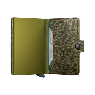 Secrid Miniwallet Crisple in olive green European cowhide with embossed texture and card slot open view