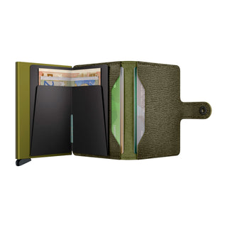 Secrid Miniwallet Crisple in olive green leather open showing card slots and banknotes inside