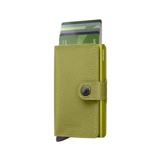 Secrid Miniwallet Crisple in textured olive green leather with cards partially extended and snap closure