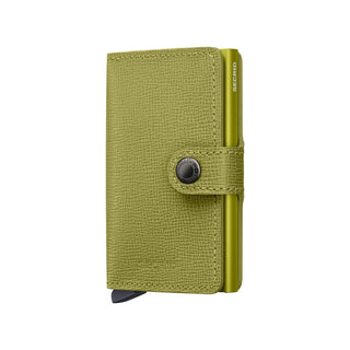 Secrid Miniwallet Crisple in olive green European cowhide with secure snap closure and metallic card protector