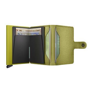 Secrid Miniwallet Crisple in textured green cowhide leather with card slots and cash compartment open display
