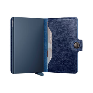 Secrid Miniwallet Crisple in blue European cowhide with embossed texture and cardholder open view