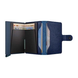 Secrid Miniwallet Crisple in blue European cowhide with card slots and money compartment open view