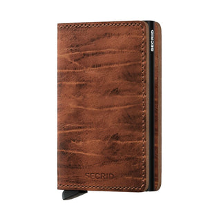 Secrid Slimwallet Dutch Martin in distressed brown European cowhide with embossed logo and black metal card protector