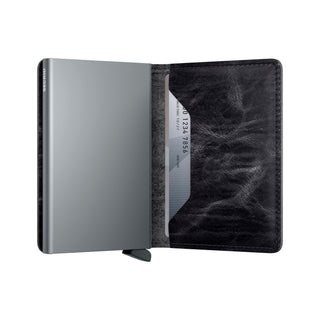 Secrid Slimwallet Dutch Martin with black European cowhide leather and sleek aluminum card protector open view