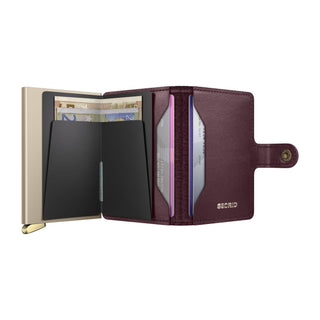 Secrid Miniwallet Emboss Diamond in burgundy sheep leather with gold card protector and open flap design