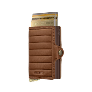 Secrid Twinwallet Emboss Lines in brown soft sheep leather with embossed lines and card slots extended