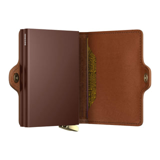 Secrid Twinwallet Emboss Lines brown sheep leather wallet with metal card protector and snap closure visible interior
