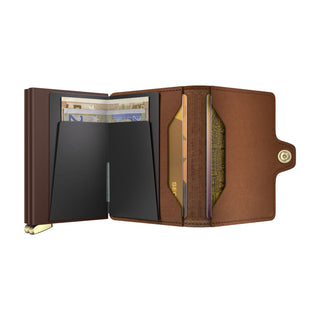 Secrid Twinwallet Emboss Lines brown leather wallet open showing card slots and cash compartments