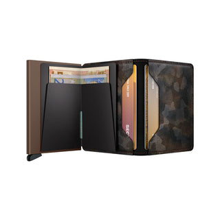 Secrid Slimwallet Jungle with dark camouflage cowhide leather and organized card compartments open view