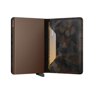 Secrid Slimwallet Jungle open showing textured European cowhide exterior and card slot with card inside