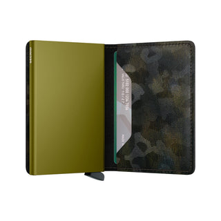 Secrid Slimwallet Jungle with textured cowhide and metallic green card protector open display