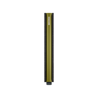 Secrid Slimwallet Jungle shown from side angle with olive green aluminum and black leather edges