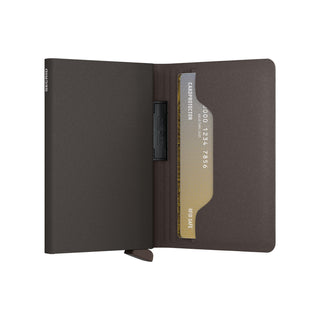 Secrid Bandwallet Liba non-leather cardholder open showing textured dark brown interior and card slot
