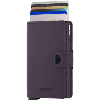 Secrid Miniwallet Matte in purple European cowhide leather with cards partially extended and snap closure