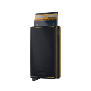 Secrid Slimwallet Matte black European cowhide leather wallet with card holder partially open showing cards