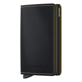 Secrid Slimwallet Matte black European cowhide wallet with yellow stitching and embossed logo visible