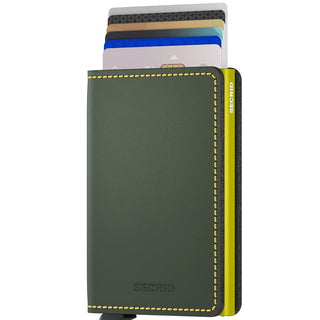Secrid Slimwallet Matte in dark green with yellow stitching holding multiple credit cards upright