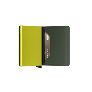 Secrid Slimwallet Matte open showing green leather interior and card partially inserted