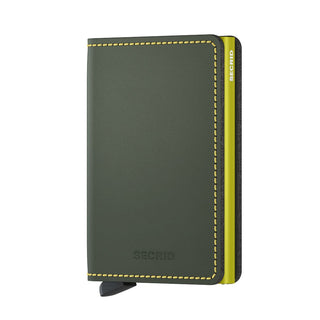 Secrid Slimwallet Matte in green leather with yellow stitching and card protector edge visible