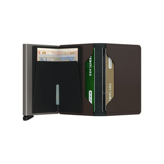 Secrid Slimwallet Matte in brown European cowhide leather with cards and banknotes inside