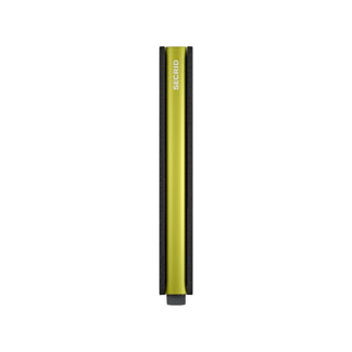 Secrid Slimwallet Matte with yellow aluminum card protector and black European cowhide exterior side view