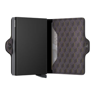Secrid Twinwallet Optical open showing black aluminum case and geometric patterned leather interior