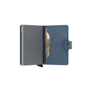 Secrid Miniwallet Original in blue European cowhide leather with open cardholder and metal case visible