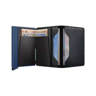 Secrid Slimwallet Original opened showing black leather interior with cards and banknotes inside