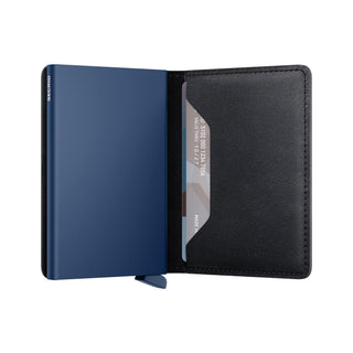 Secrid Slimwallet Original with blue aluminum case and black European cowhide leather interior holding a card