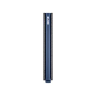 Secrid Slimwallet Original in navy blue with metal slide mechanism and black leather sides visible from top view